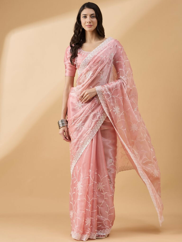 Peach Tissue Slub Embroidered Saree with Unstitched Blouse - Vairagi | Grocsy