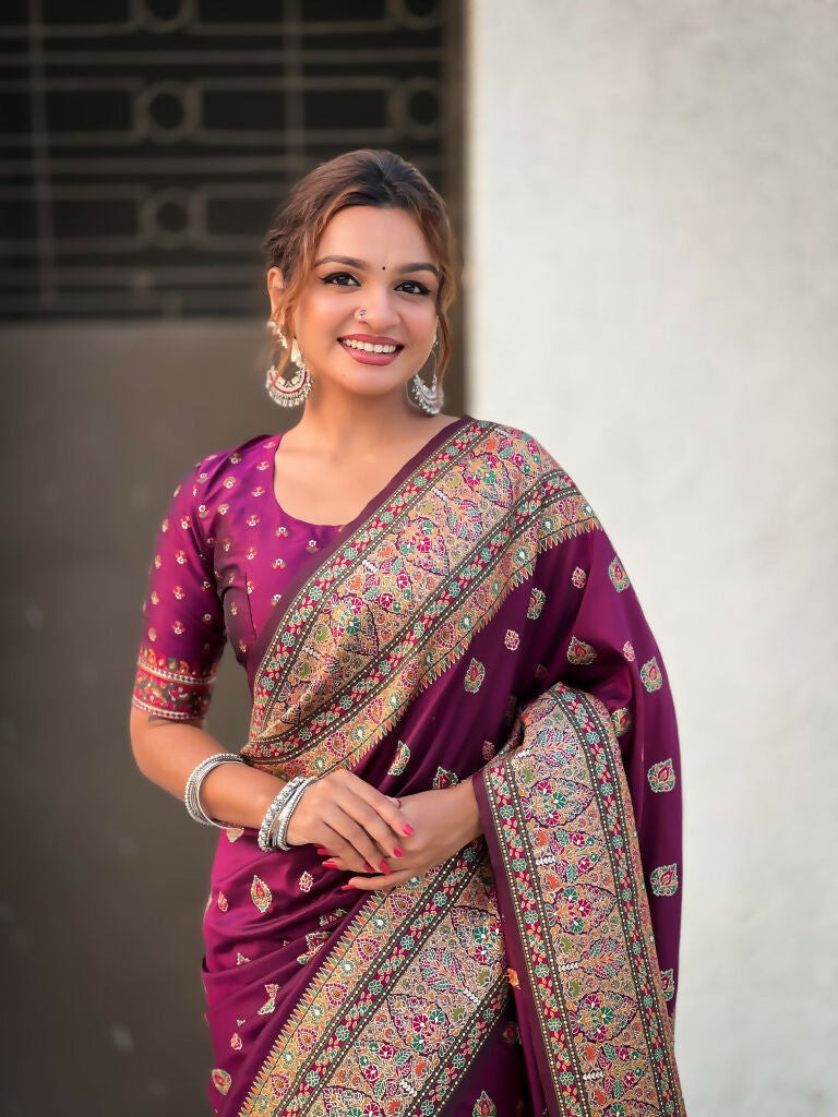 Magenta Pashmina Silk Wevon Kashmiri Meenakari Designer Saree with Unstitched Blouse - Vandini | Grocsy