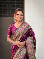 Magenta Pashmina Silk Wevon Kashmiri Meenakari Designer Saree with Unstitched Blouse - Vandini | Grocsy