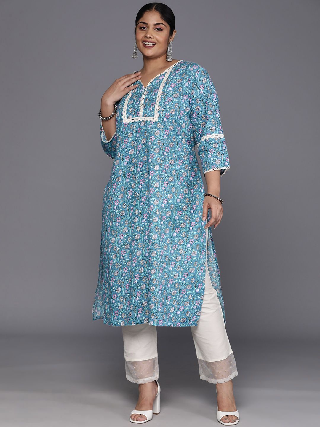 Sztori Plus Size Floral Printed Notch Neck Cotton Straight Kurta | Grocsy