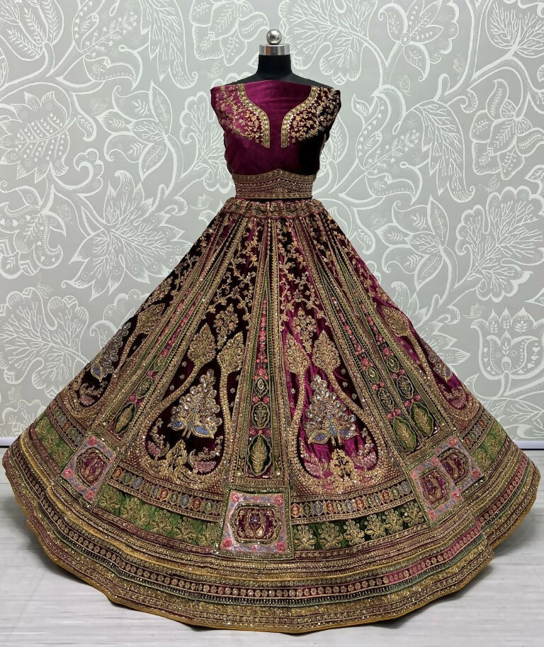 Jyoti Fashion Women's Purple Velvet Fancy Patch, Multi Thread Embroidered, Zircon Diamond, Sequins Work Wedding Lehenga Choli | Grocsy