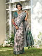 Shree Shyam Fashion Cream With Dark Green Silk Blend Saree | Grocsy