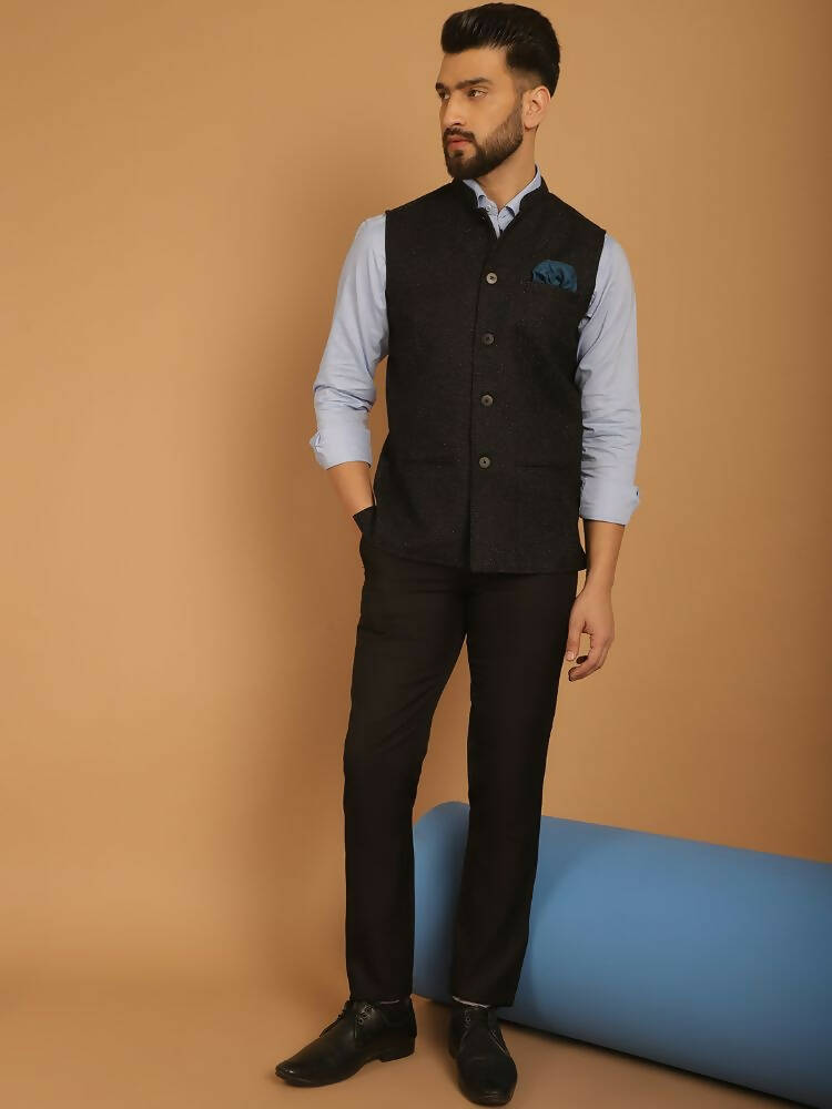 Even Apparels Pure Wool Nehru Jacket - Black | Grocsy