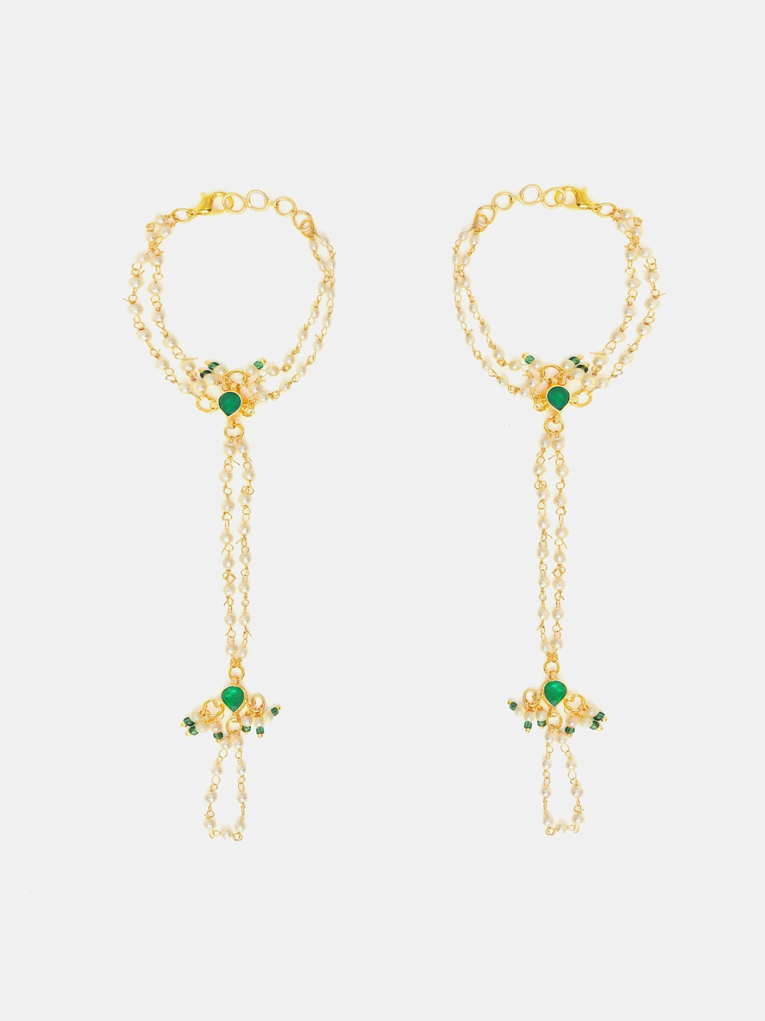 Ruby Raang Gold Hand Accessory With Green- White Kundan And Pearls | Grocsy