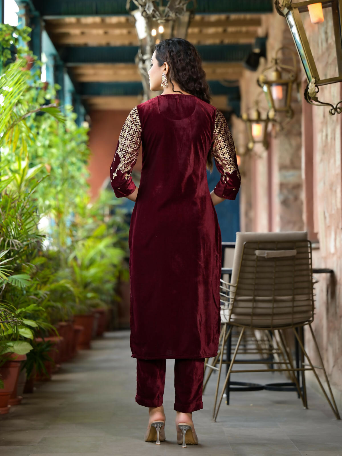 Juniper Women's Maroon Ethnic Motif Printed Velvet Kurta Set With Tassels | Grocsy