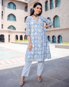 Aayaa Pure Muslin printed Kurti & Pant - Sky blue | Grocsy