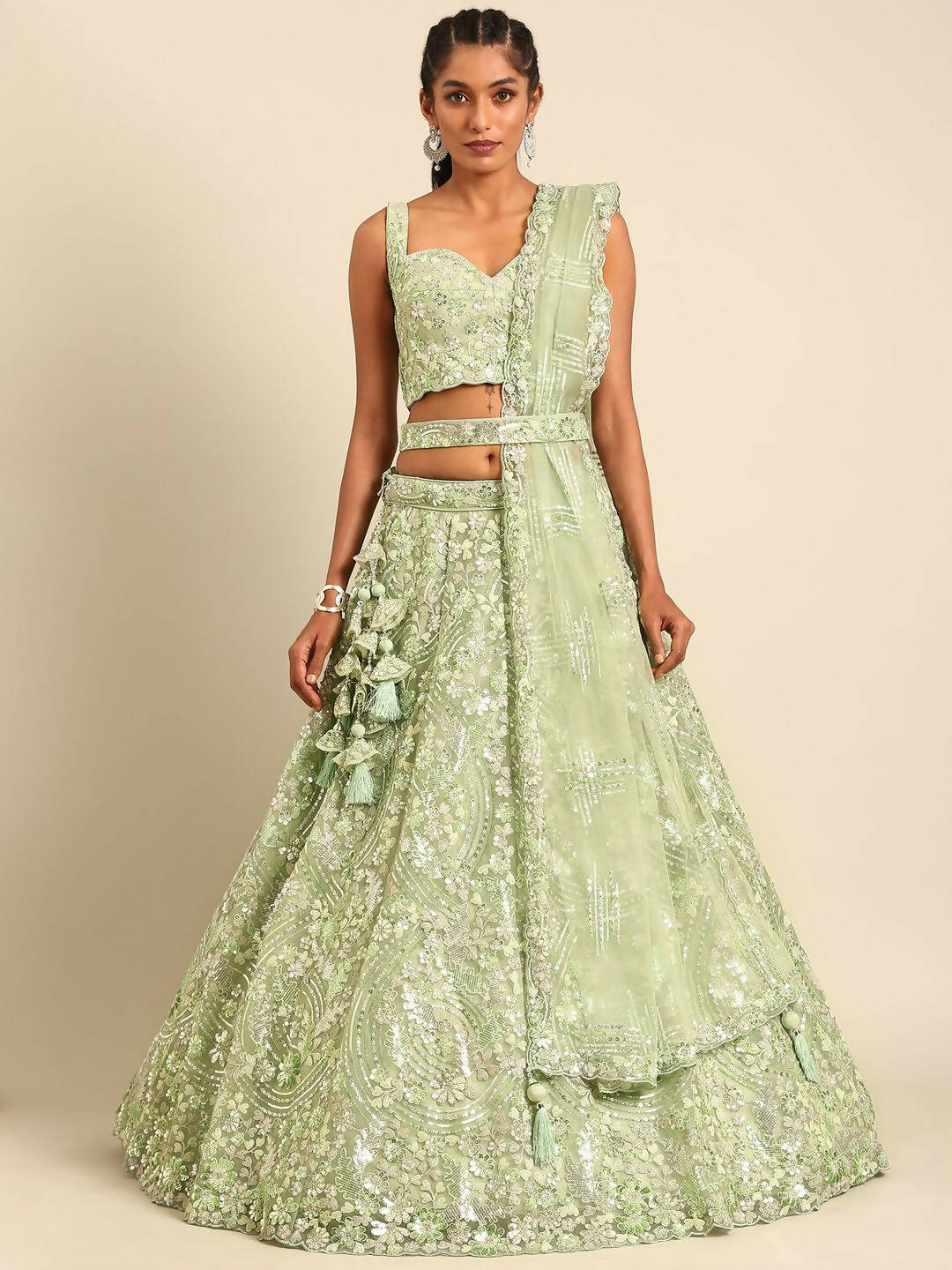 House of Panchhi Lime Green Net Sequins and Zarkan embroidery Lehenga choli & Dupatta | Grocsy
