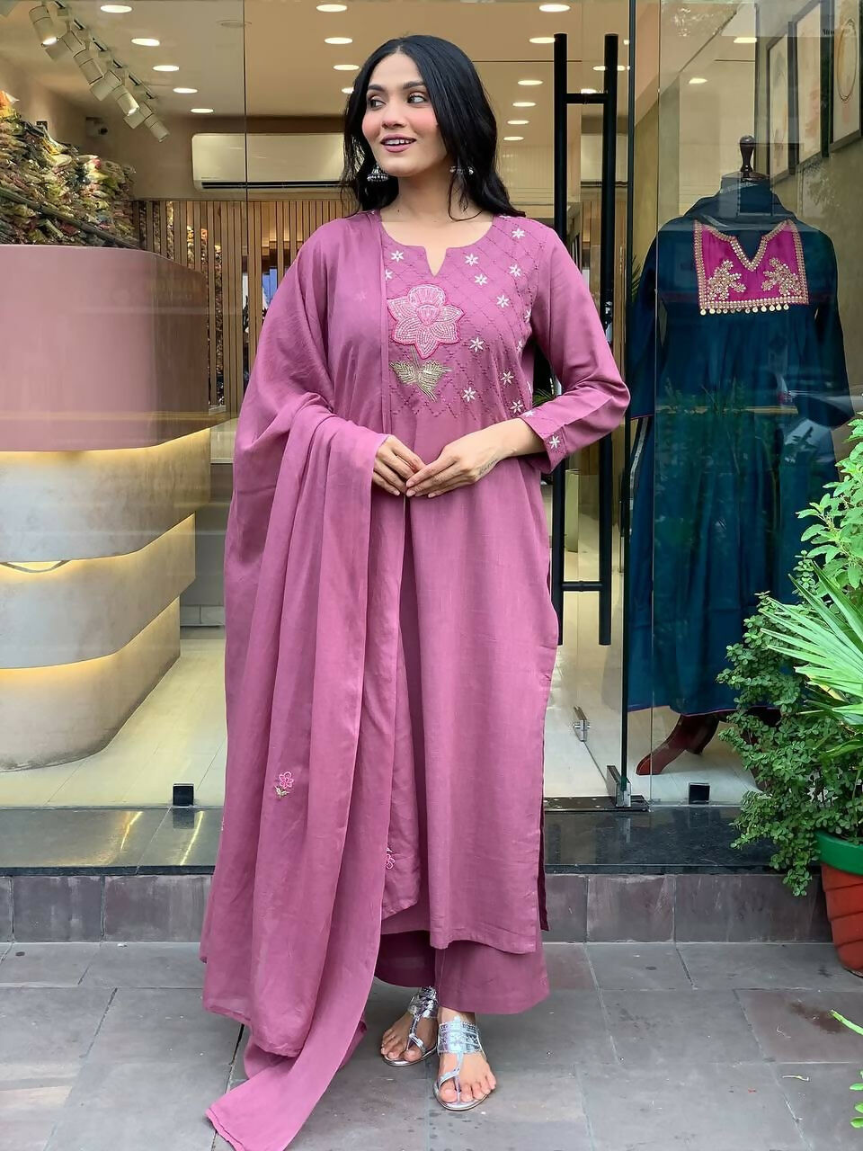 The52 Peach Women's Gorgeous Embroidered Cotton Fabric Straight Kurta Pant with Dupatta Set | Grocsy