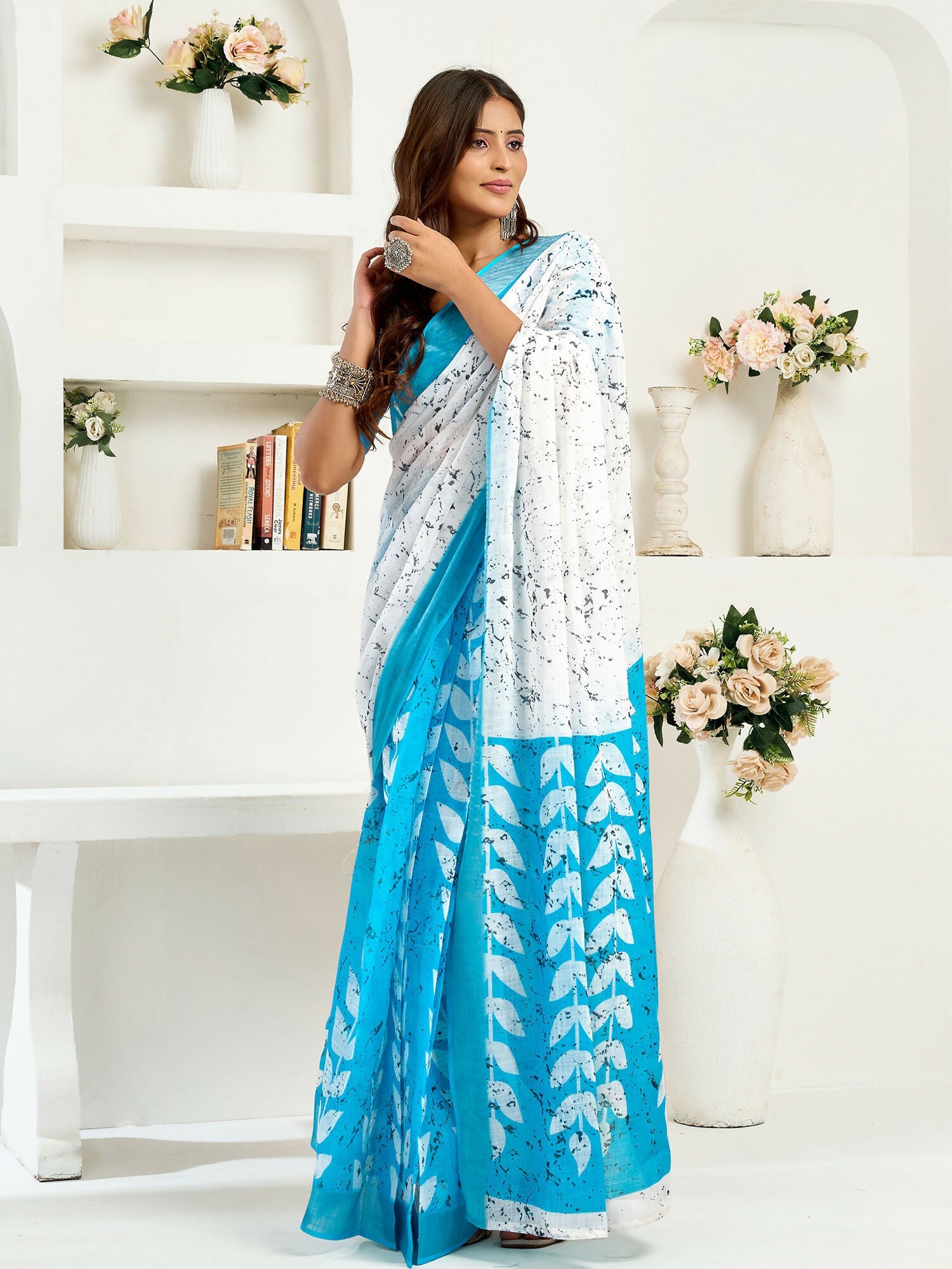 Joban Fashion White Leaf Linen Ready To Wear Saree With Unstitched Blouse | Grocsy