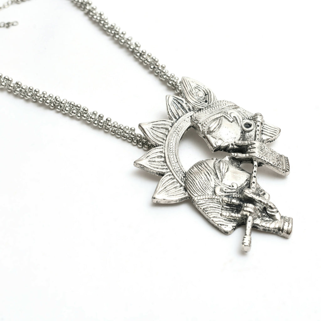 Mominos Fashion Johar Kamal Oxidised Silver-Plated Brass Finish Radha Kishan Long Necklace For Women (Silver) | Grocsy