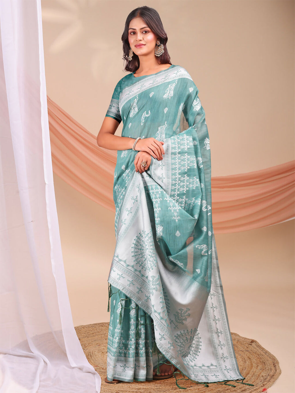 Shree Shyam Fashion Varnika Sea Green Linen Cotton Saree | Grocsy