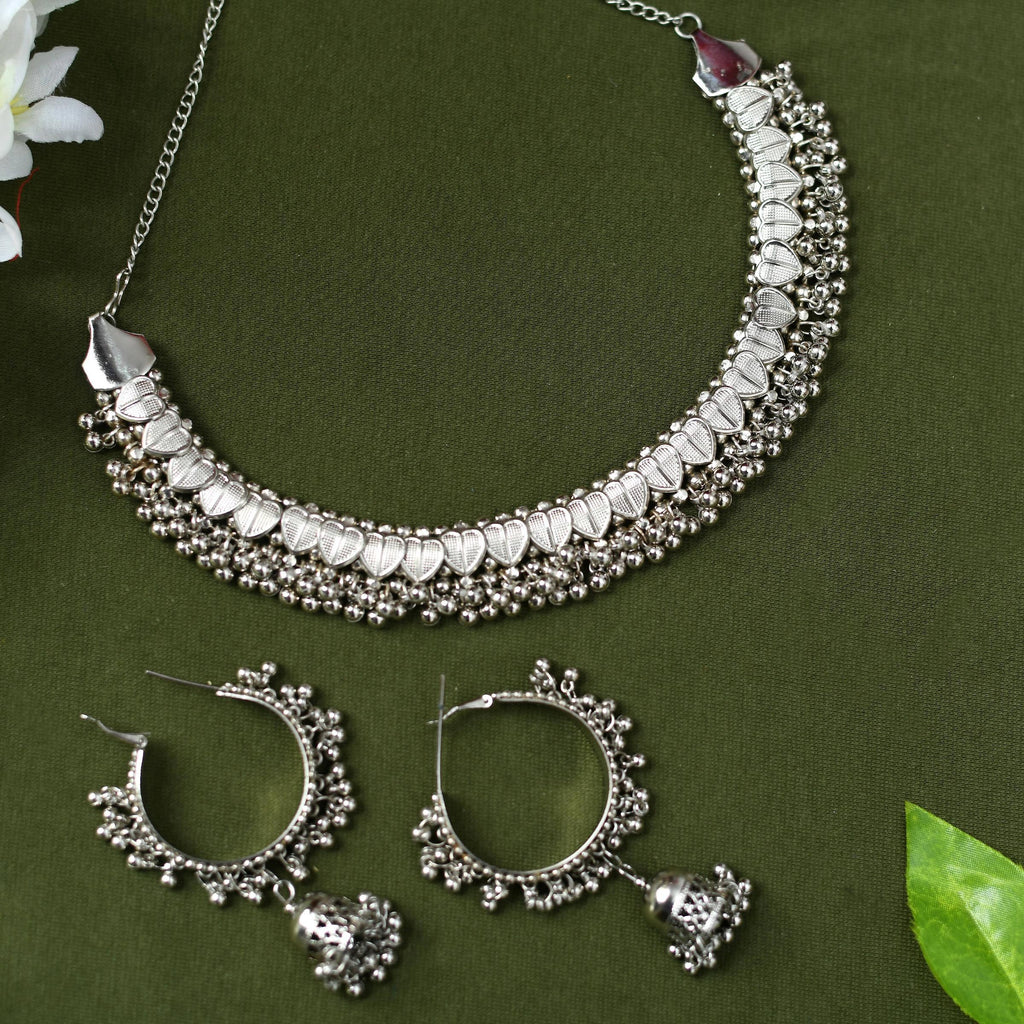 Mominos Fashion Johar Kamal Oxidised Silver-Plated Heart Design Necklace Choker Set For Women | Grocsy
