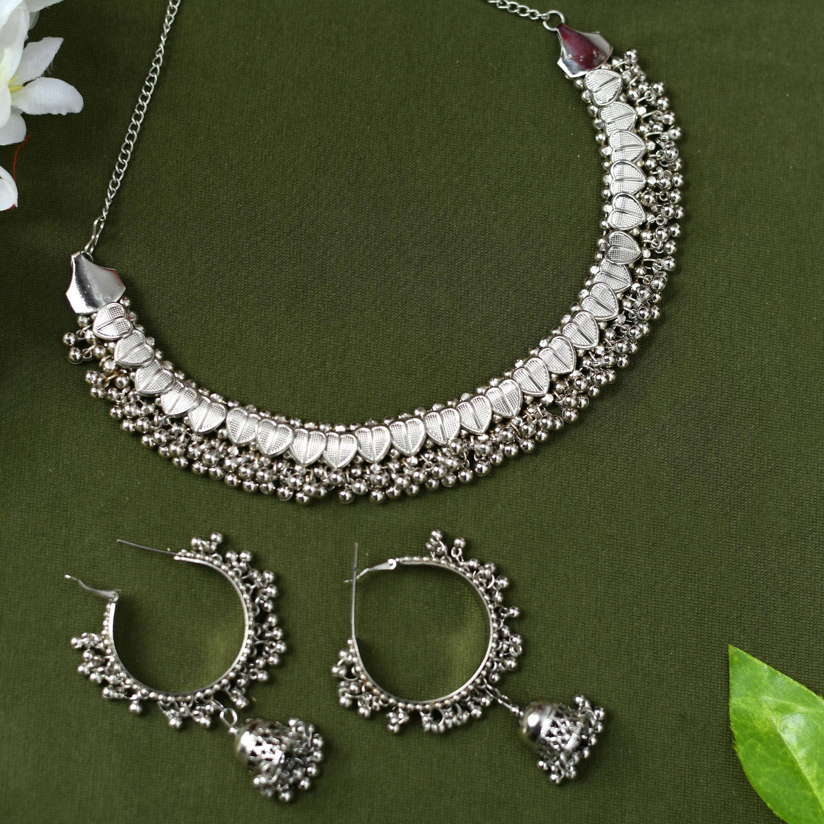 Mominos Fashion Johar Kamal Oxidised Silver-Plated Heart Design Necklace Choker Set For Women | Grocsy
