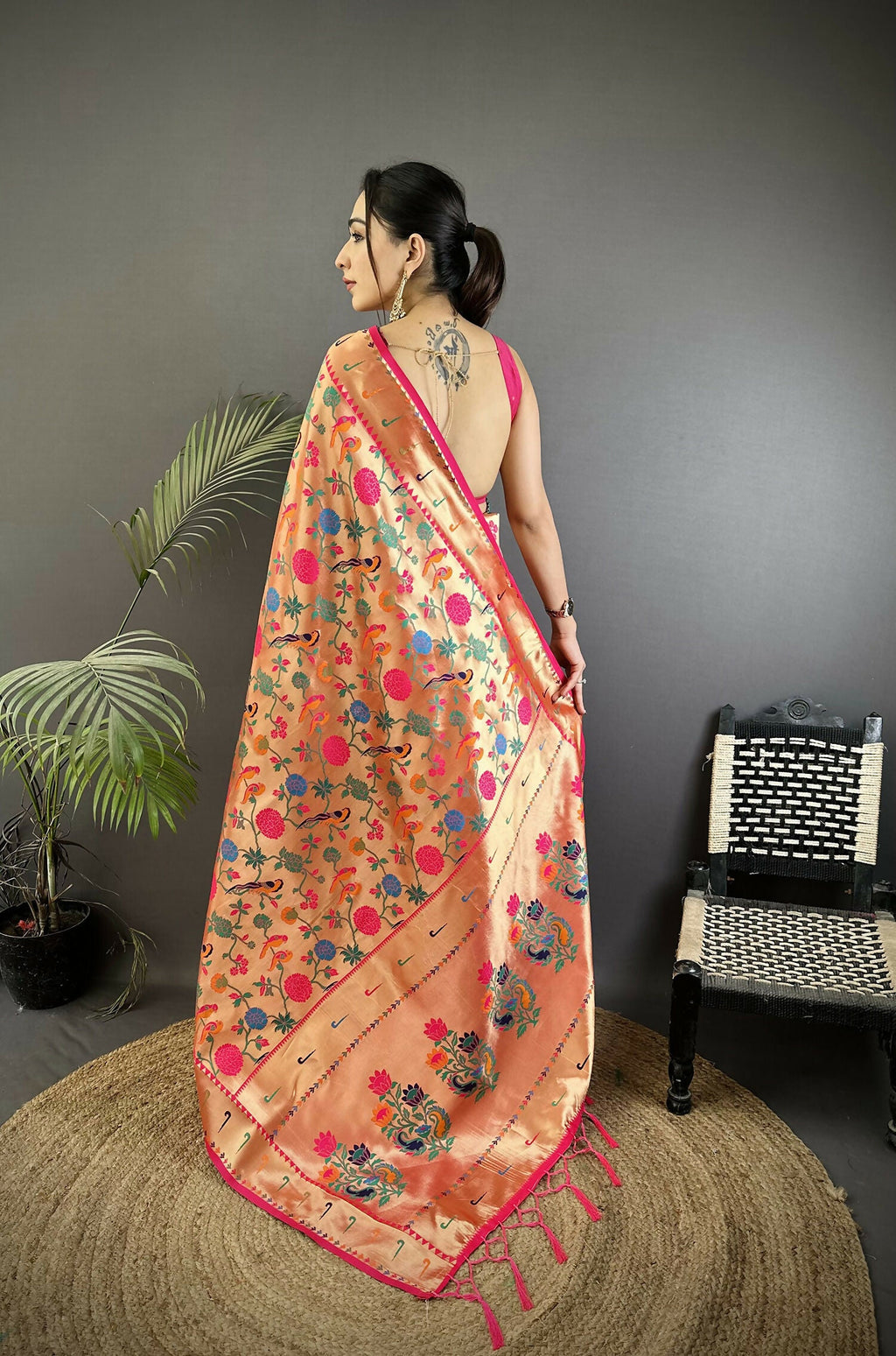 Joban Fashion Pastel Red Mughal-Inspired Motifs Soft Silk Paithani Saree | Grocsy