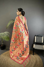 Joban Fashion Pastel Red Mughal-Inspired Motifs Soft Silk Paithani Saree | Grocsy