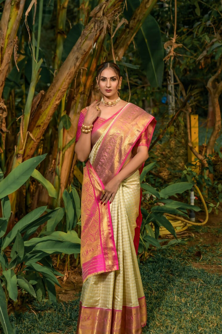 Jyoti Fashion Women's Off White Kanjivaram Silk Zari Woven Saree with Blouse | Grocsy