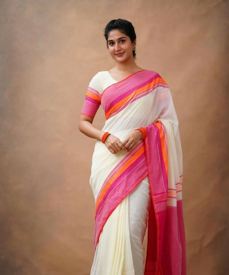 Exclusive Collection Off White Beautiful Khadi Cotton Handloom Saree | Grocsy