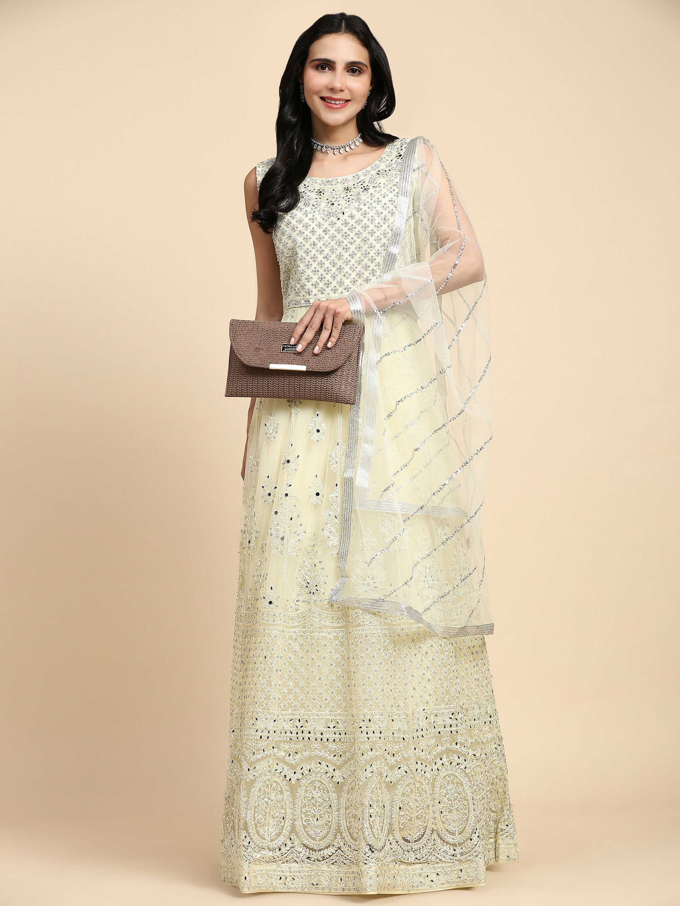 Yellow Net Hand Embroidered Gown - Rudrani | Grocsy