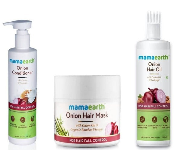 Mamaearth Onion Conditioner + Hair Mask + Hair Oil For Hair Fall Control Combo Pack | Grocsy