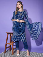 Vamika Poly Rayon Printed Royal Blue Party Wear/Casual Wear/Office Wear Kurta Set/Suit | Grocsy