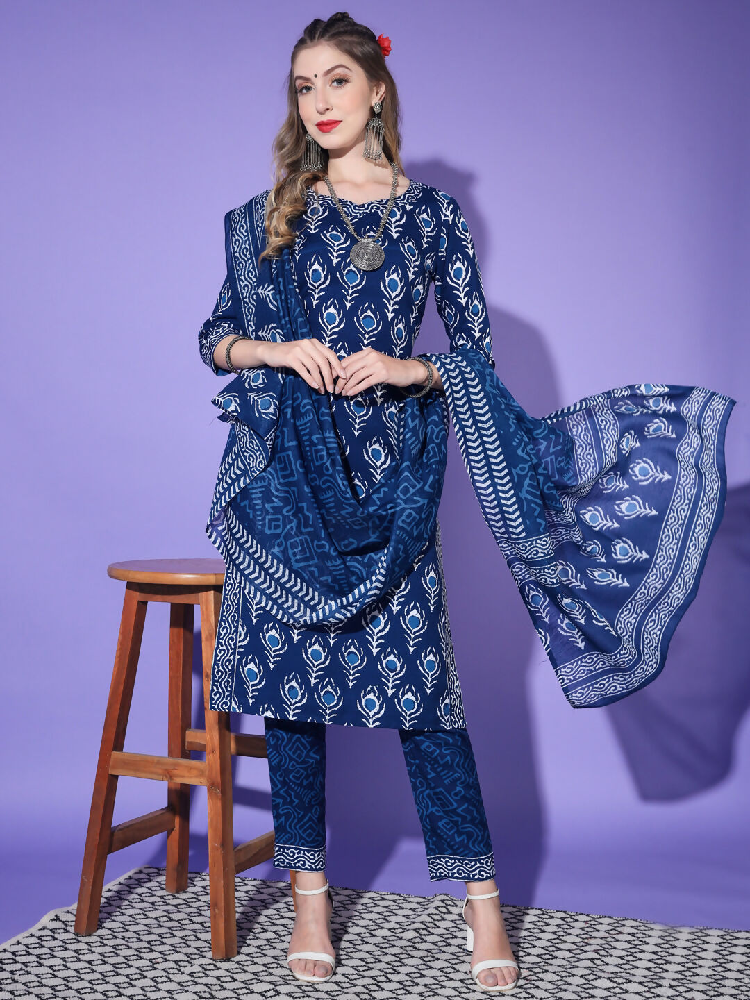 Vamika Poly Rayon Printed Royal Blue Party Wear/Casual Wear/Office Wear Kurta Set/Suit | Grocsy
