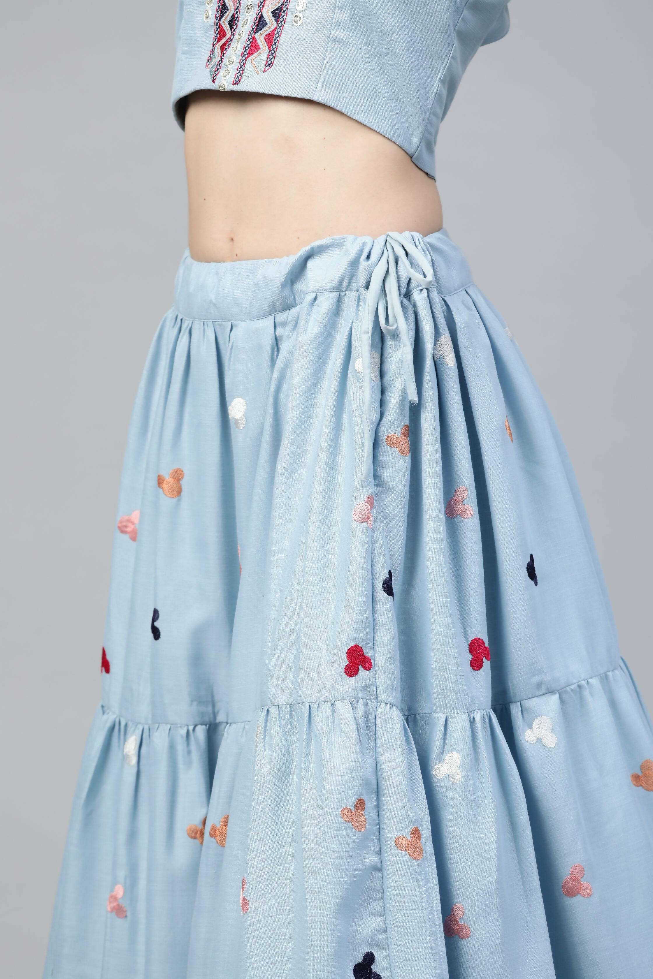 Sky Blue Cotton Embroidered Work Lehenga Choli with Dupatta - Jivika | Grocsy