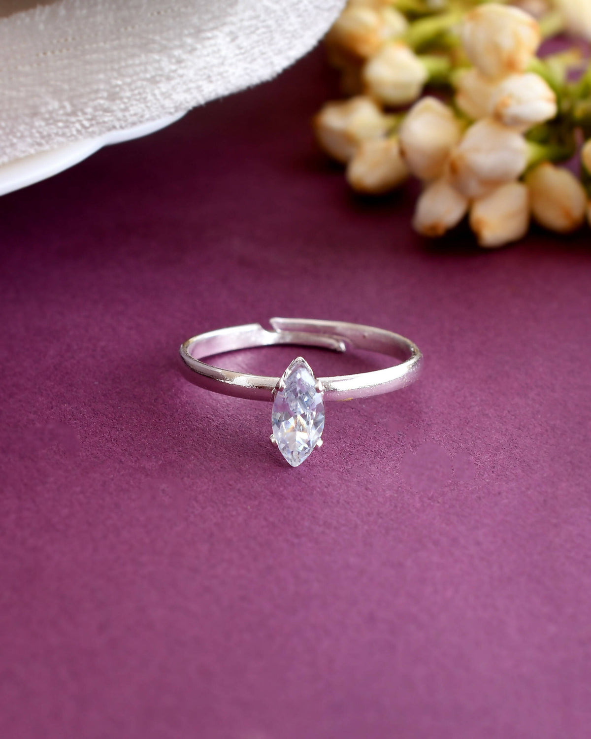 VOJ white CZ-detail Stainless Steel Cubic Zirconia Silver Plated adjustable finger Ring | Grocsy