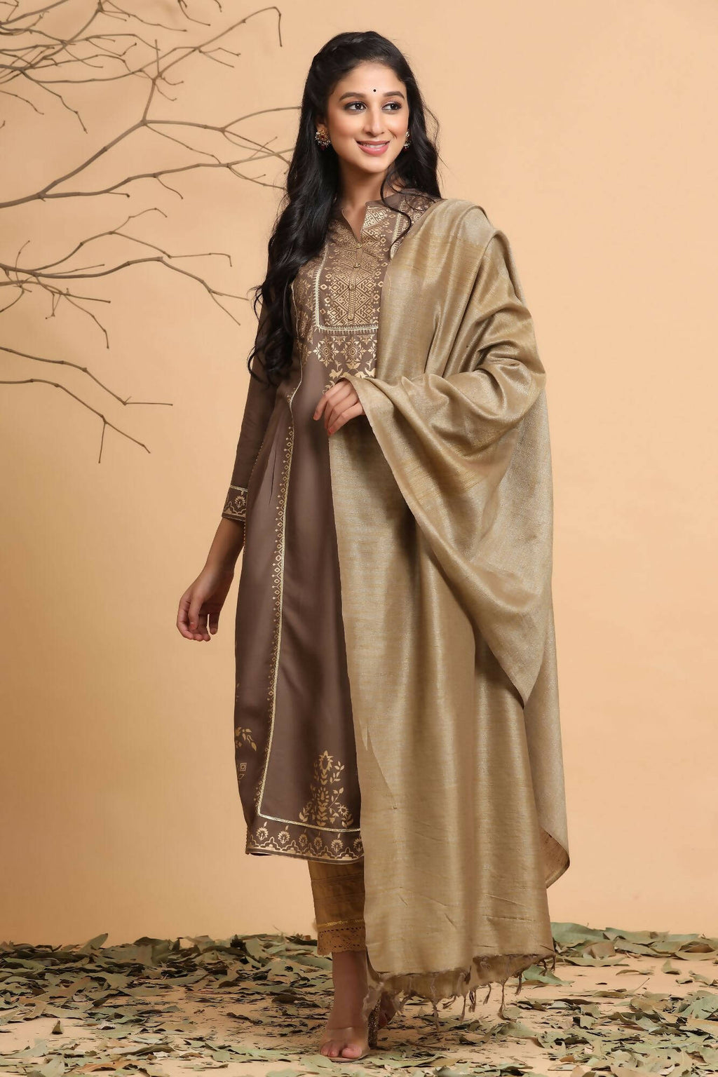 Juniper Women's Brown Rayon Printed Straight Kurta Set | Grocsy