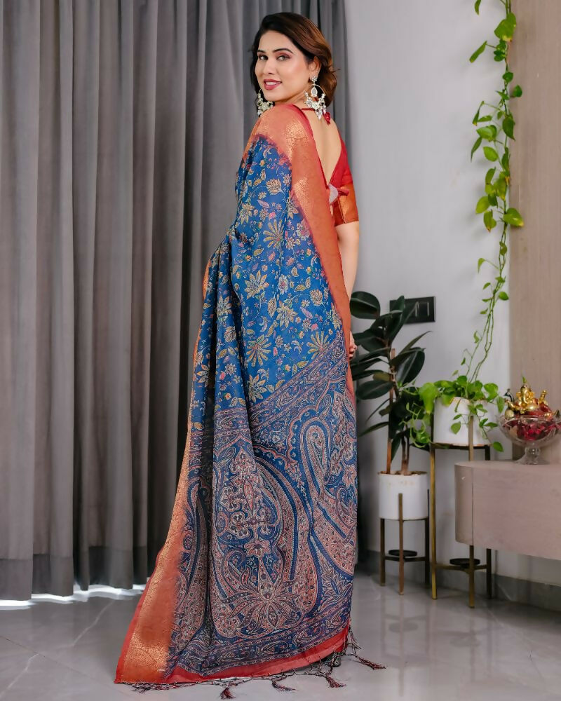 PR Fashion Blue Pure Handloom Linen Saree | Grocsy