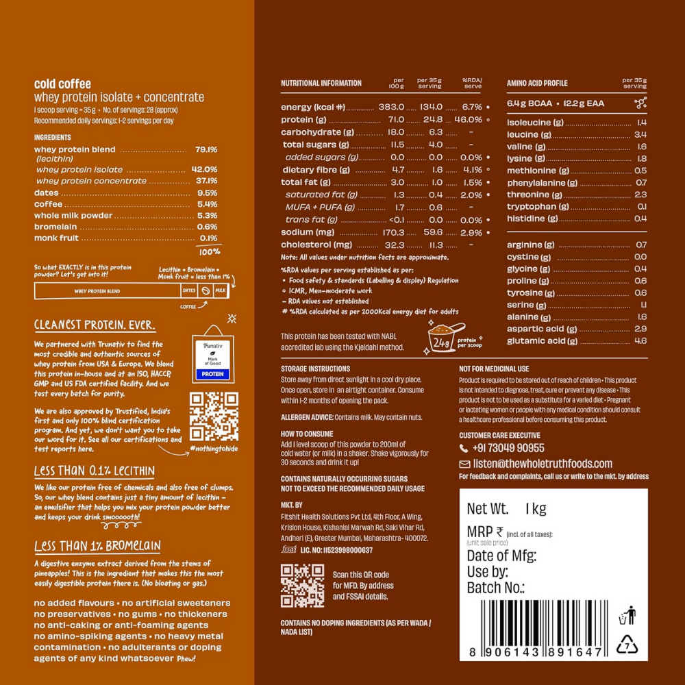 The Whole Truth Whey Protein Isolate+Concentrate - Cold Coffee | Grocsy