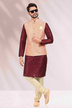 Raivat Ethnic Jacquard Banarasi Silk Woven Work 3 Pics Jacket Set In Peach Colour | Grocsy