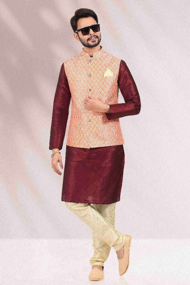 Raivat Ethnic Jacquard Banarasi Silk Woven Work 3 Pics Jacket Set In Peach Colour | Grocsy