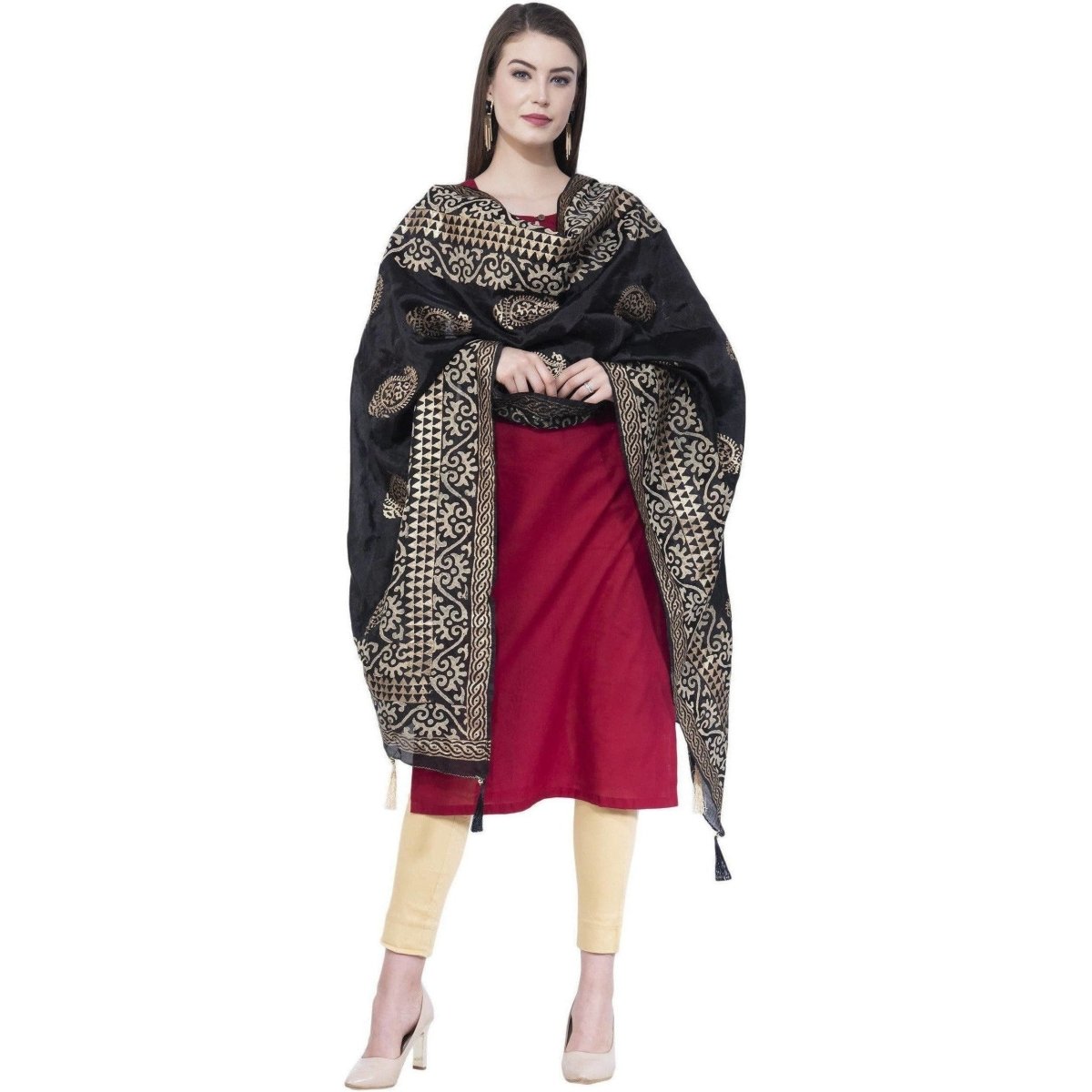 A R Silk Women's Gold Print Silk Black Dupattas and Chunnis | Grocsy