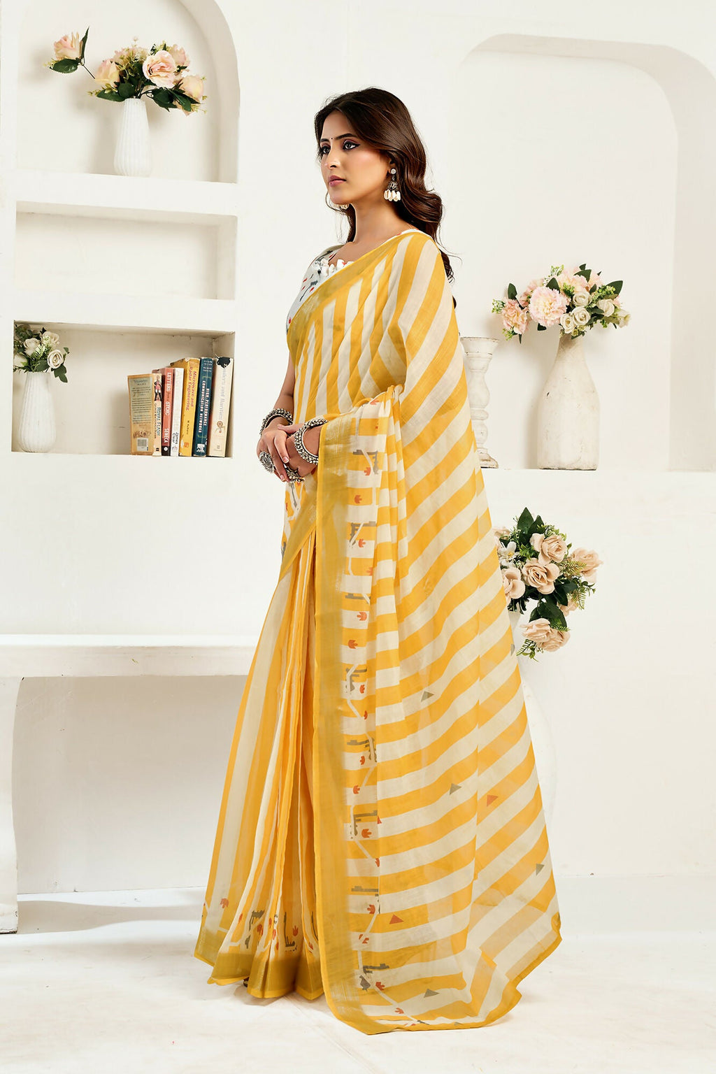 Vastranavya Yellow White Digital Printed Linen Ready To Wear Designer Saree with Unstitched Blouse | Grocsy