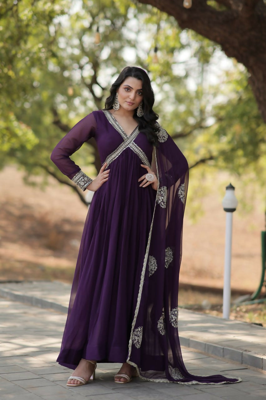 Vastranavya Faux Blooming with Embroidery Zari Sequins-work Gown with Dupatta - Purple | Grocsy