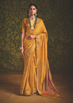 Joban Fashion Yellow-Firoji Velvet Tussar Silk with Foil Print Saree | Grocsy