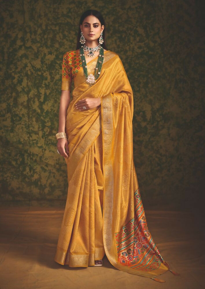Joban Fashion Yellow-Firoji Velvet Tussar Silk with Foil Print Saree | Grocsy