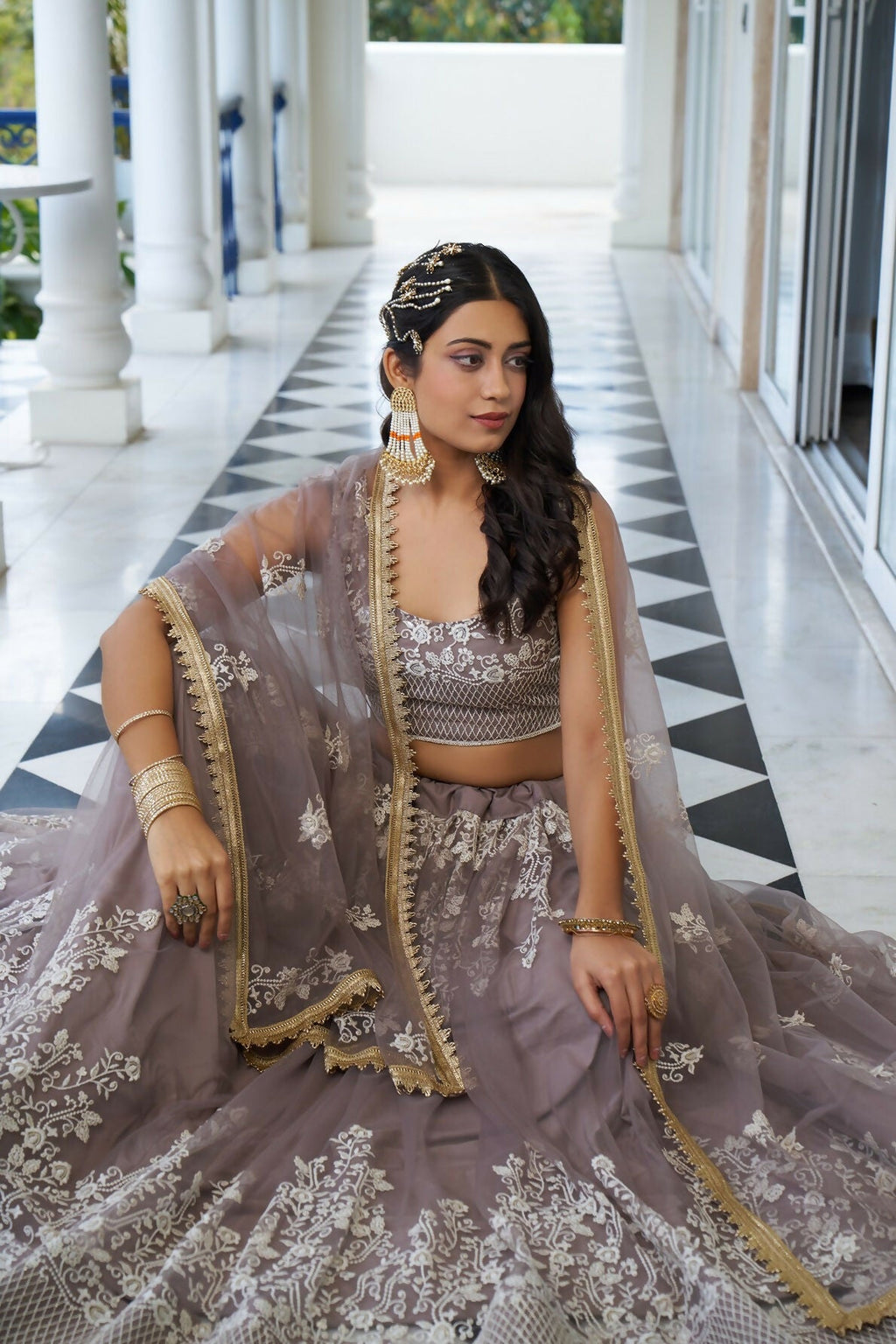 Eilara Glamorous Light Dusty Brown Butterfly Net With Thread And Sequins Embroidered Work Lehenga Choli | Grocsy