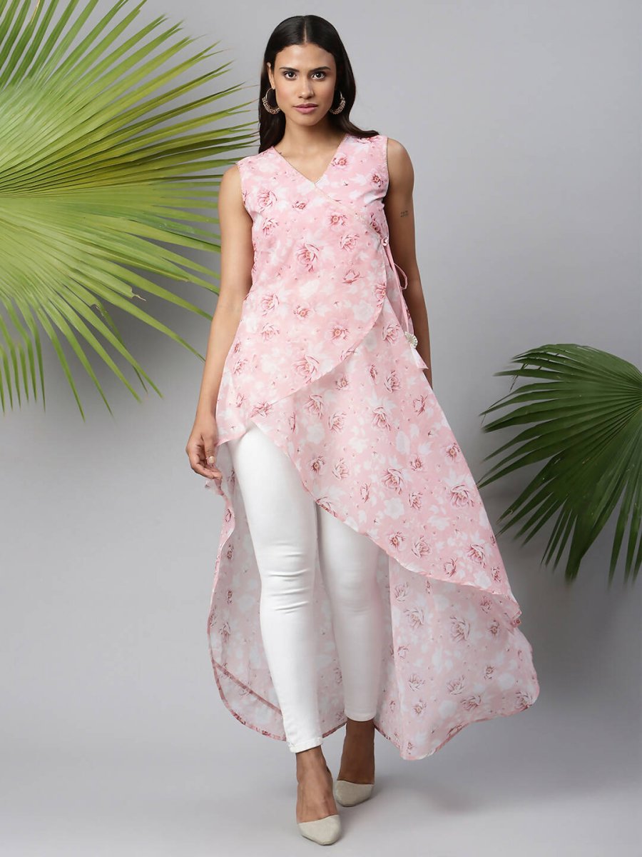 Ahalyaa Women Pink Organza Digital Printed Dress | Grocsy