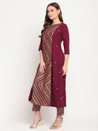 Ahalyaa Women's Wine Crepe Gold Glitter Print Kurta Trouser Set | Grocsy