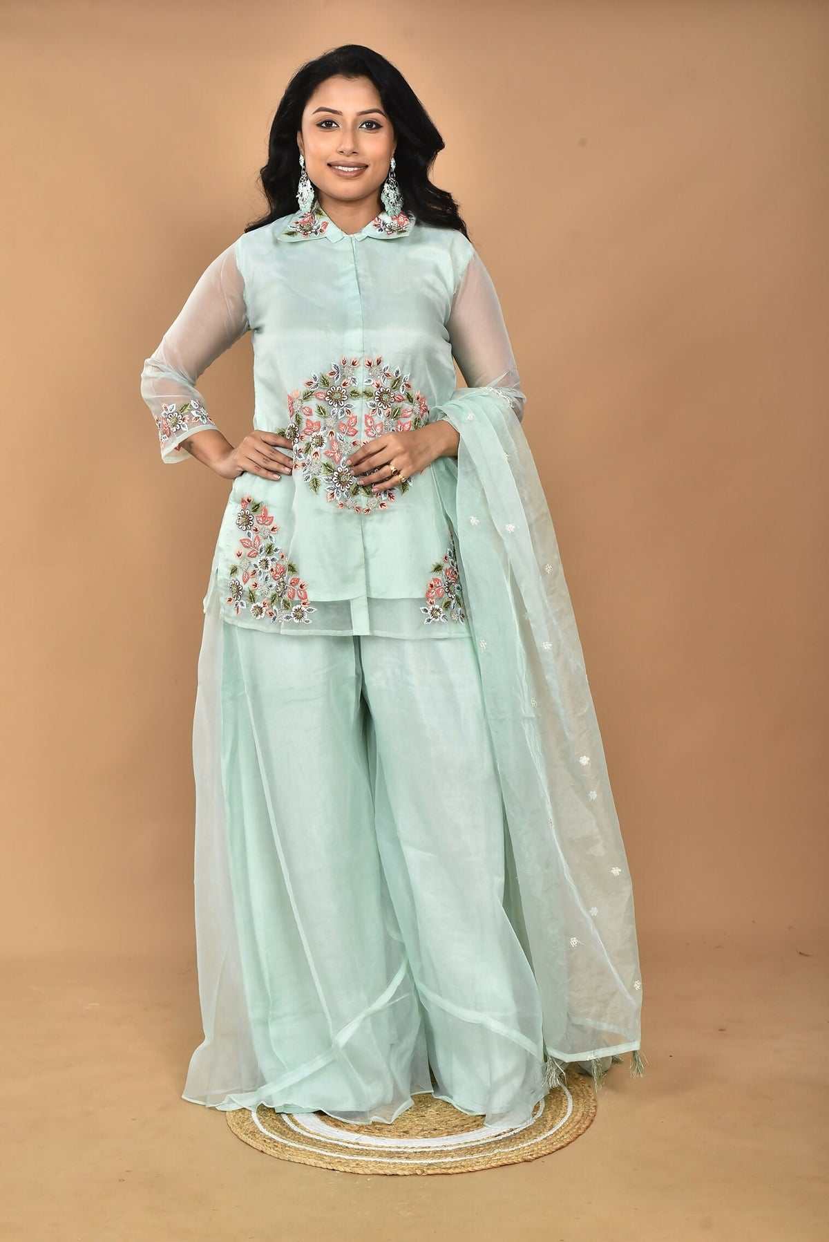 Morchari Women And Hand Embroidery Palazzo Set-Sea Green | Grocsy