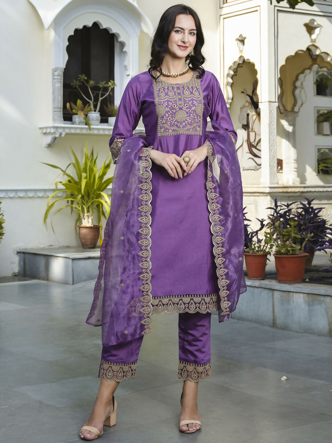 Vellora Royal Purple Silk Blend Embroidered Casual Suit for Women | Grocsy