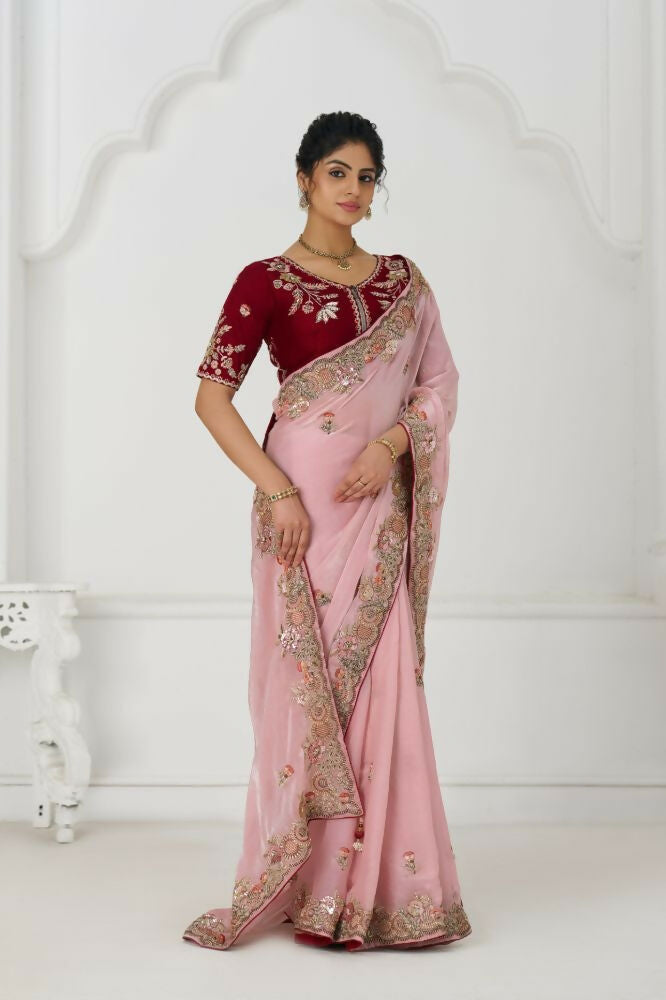 Kesar Fab Graceful Pink Zari And Sequins On Rich Fendi Silk Saree | Grocsy