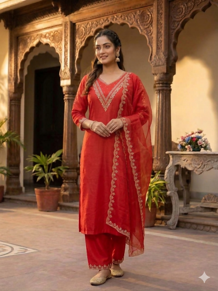 Teeya Creation New Womens Red Straight Cut Kurta Set with Scalloped Embroidered Organza Dupatta Set | Grocsy