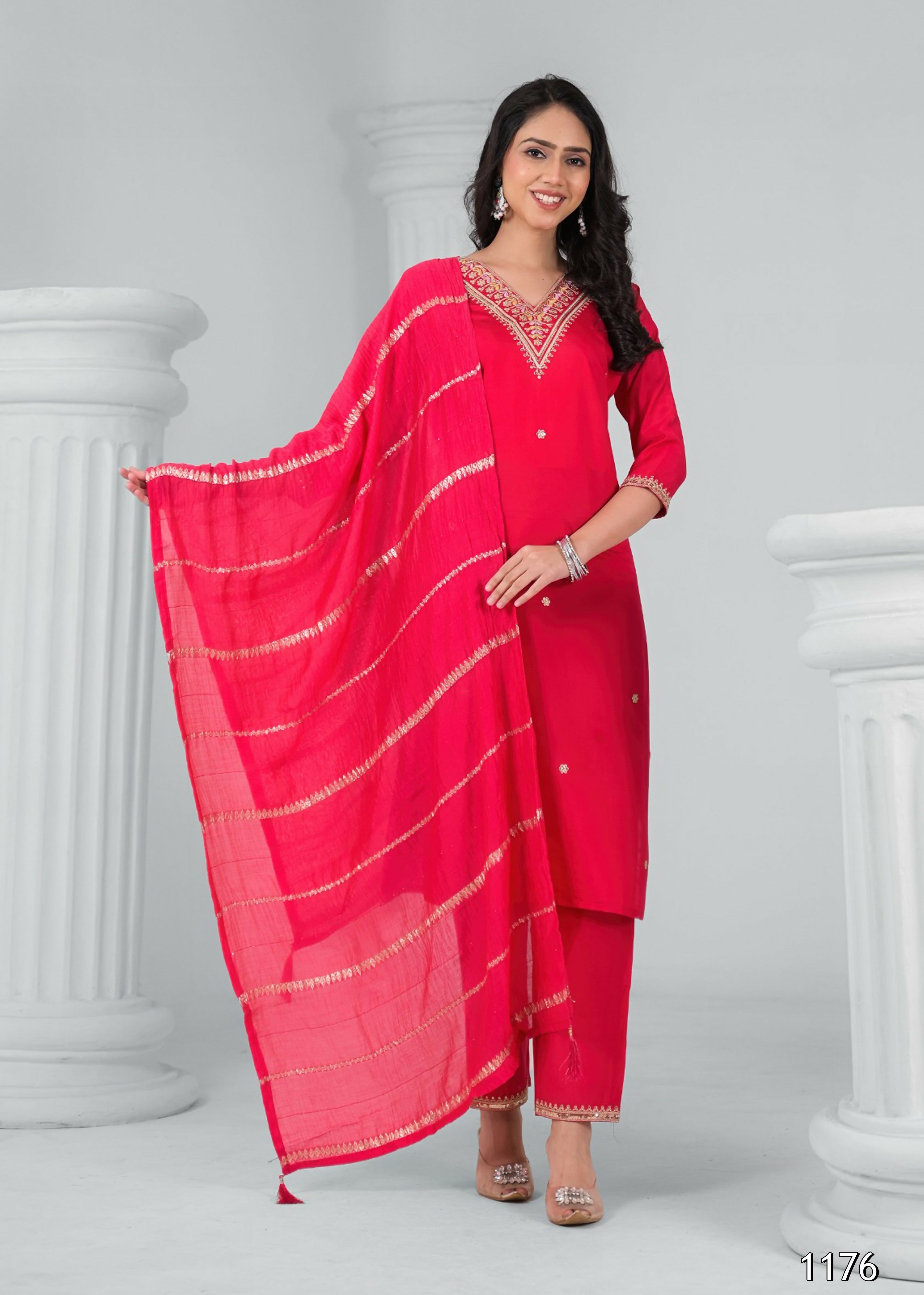 Ethnic Festive Wear Reyon Red Stitched Suit With Dupatta - Tanisha | Grocsy