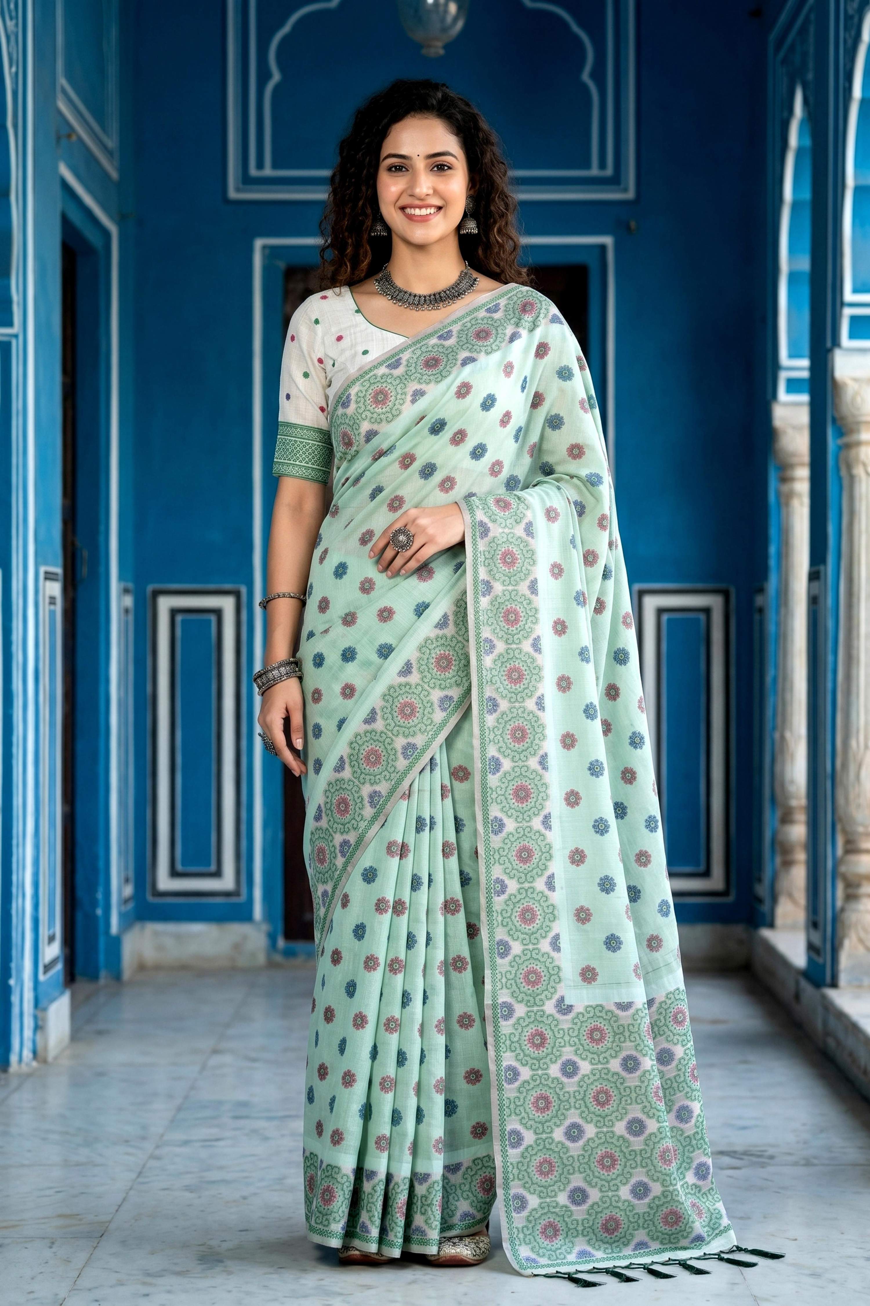 Sangam Prints Pastel Mint Green Cotton Blend Woven Work Traditional Saree | Grocsy