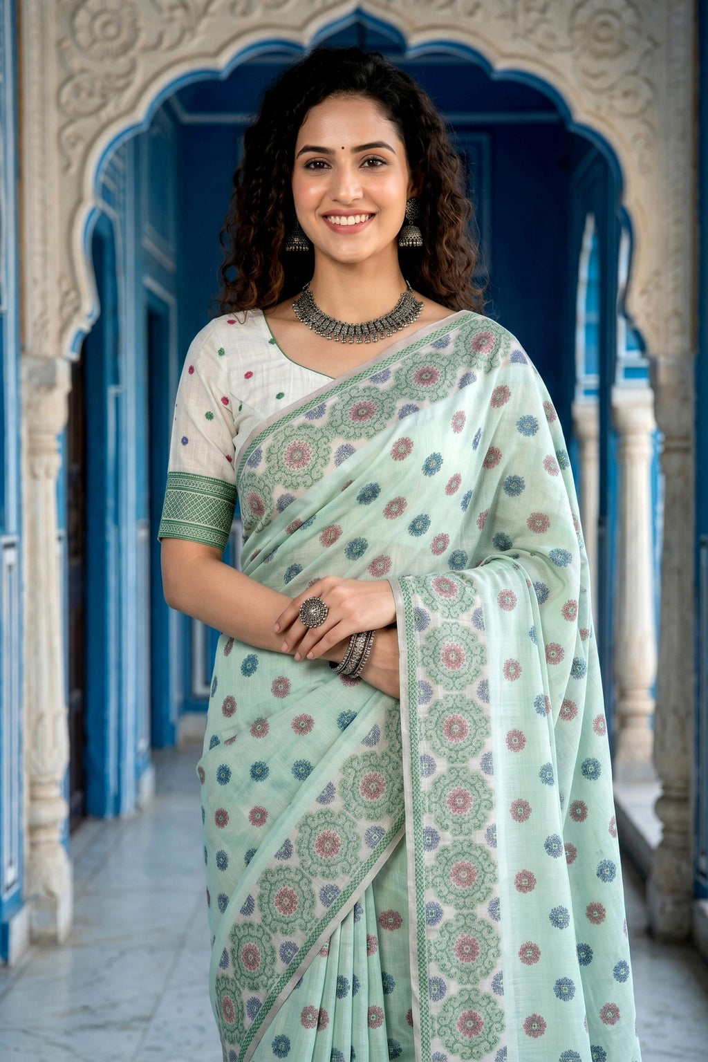 Sangam Prints Pastel Mint Green Cotton Blend Woven Work Traditional Saree | Grocsy