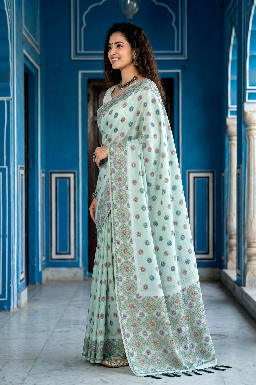 Sangam Prints Pastel Mint Green Cotton Blend Woven Work Traditional Saree | Grocsy