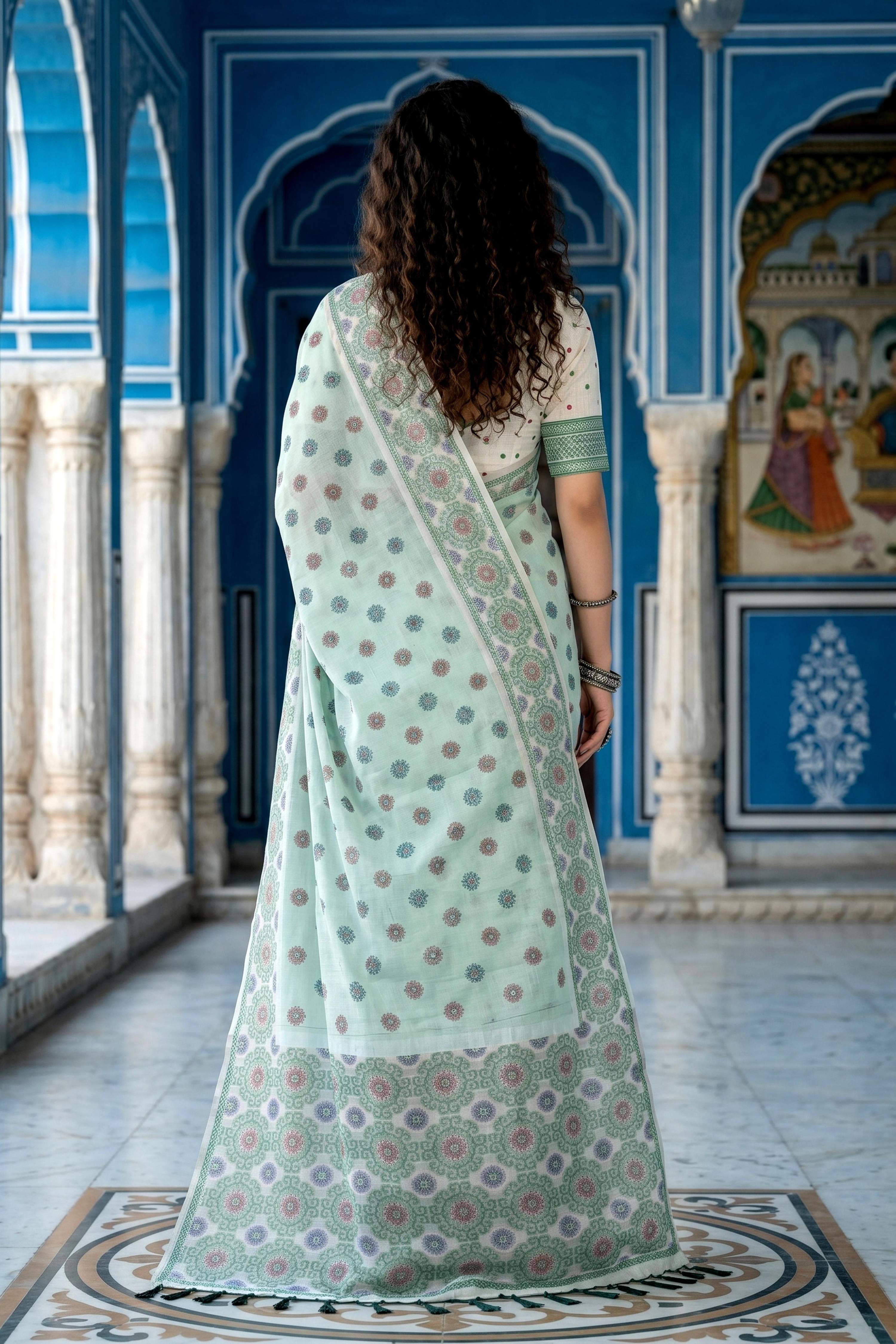 Sangam Prints Pastel Mint Green Cotton Blend Woven Work Traditional Saree | Grocsy