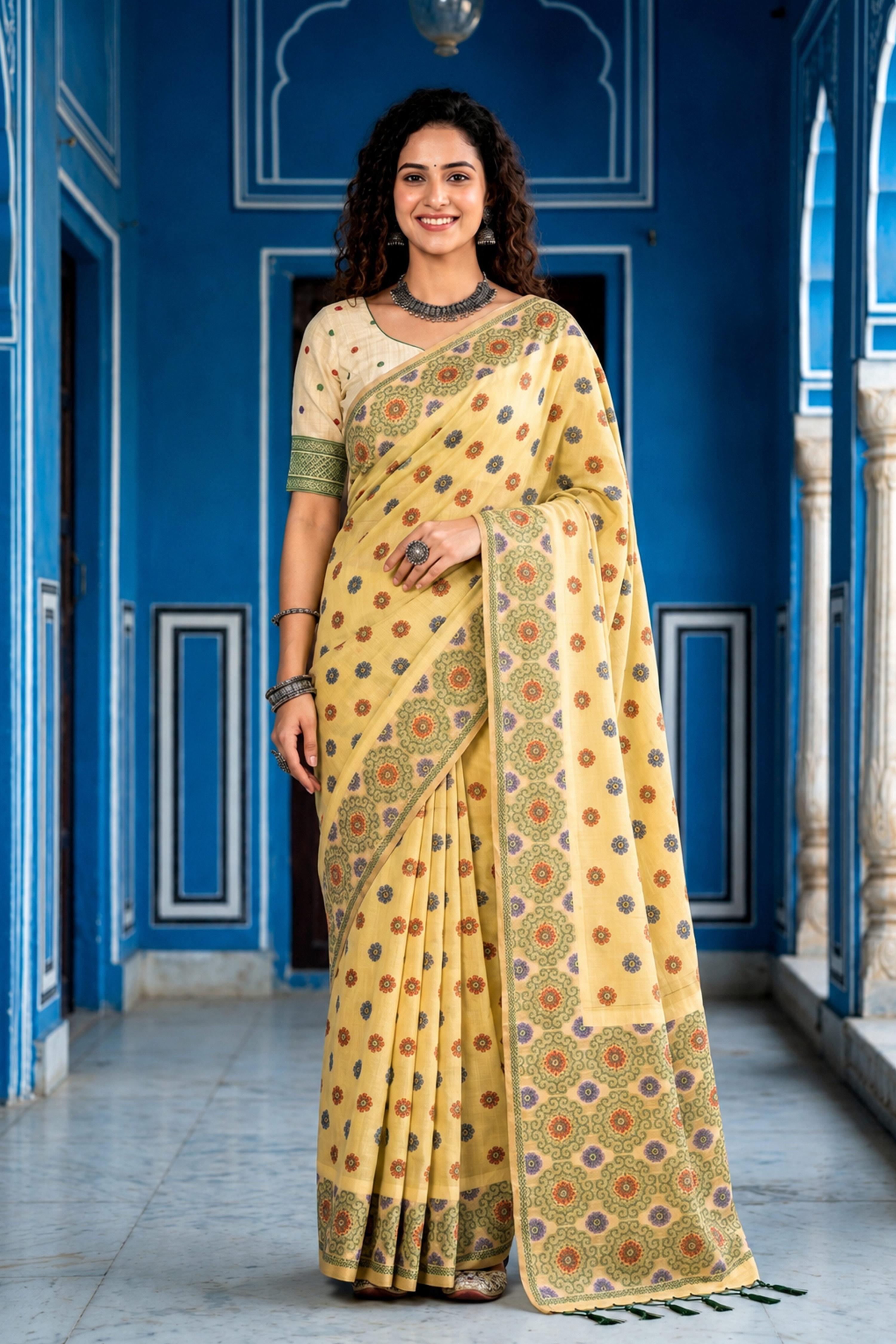 Sangam Prints Lemon Yellow Cotton Blend Woven Work Traditional Saree | Grocsy